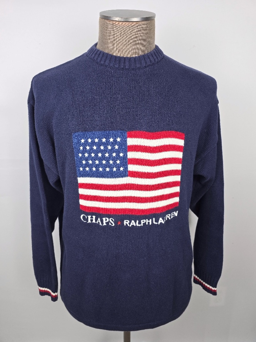 VTG Chaps Ralph Lauren American Flag Knit Sweater L Blue Cotton Hand Framed 90s